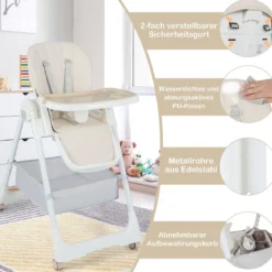 Klappbarer Hochstuhl mit Liegefunktion & Abnehmbarem Doppeltablett Beige