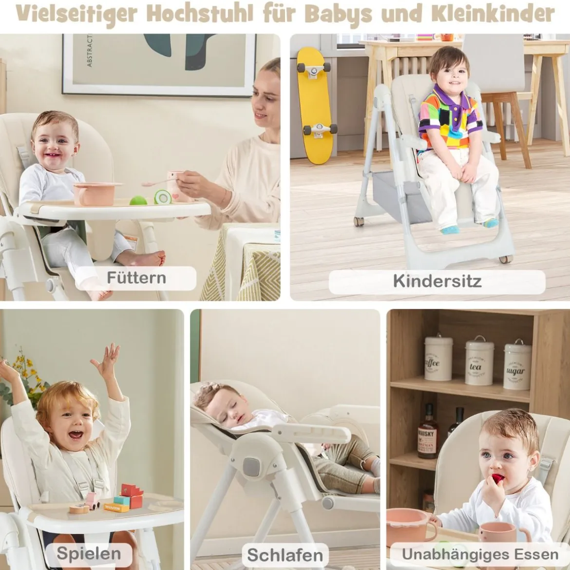 Klappbarer Hochstuhl mit Liegefunktion & Abnehmbarem Doppeltablett Beige
