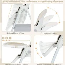 Klappbarer Hochstuhl mit Liegefunktion & Abnehmbarem Doppeltablett Beige