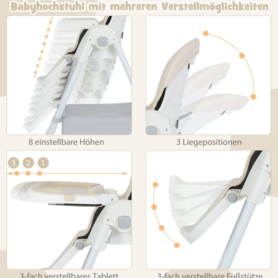 Klappbarer Hochstuhl mit Liegefunktion & Abnehmbarem Doppeltablett Beige