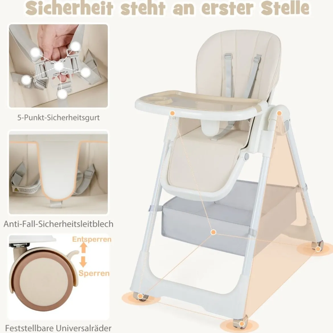 Klappbarer Hochstuhl mit Liegefunktion & Abnehmbarem Doppeltablett Beige