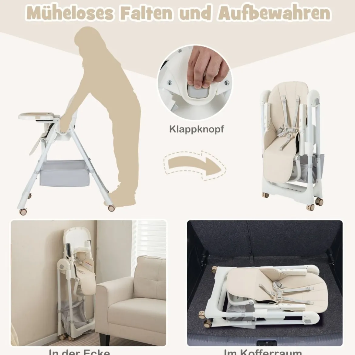 Klappbarer Hochstuhl mit Liegefunktion & Abnehmbarem Doppeltablett Beige