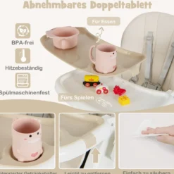 Klappbarer Hochstuhl mit Liegefunktion & Abnehmbarem Doppeltablett Beige