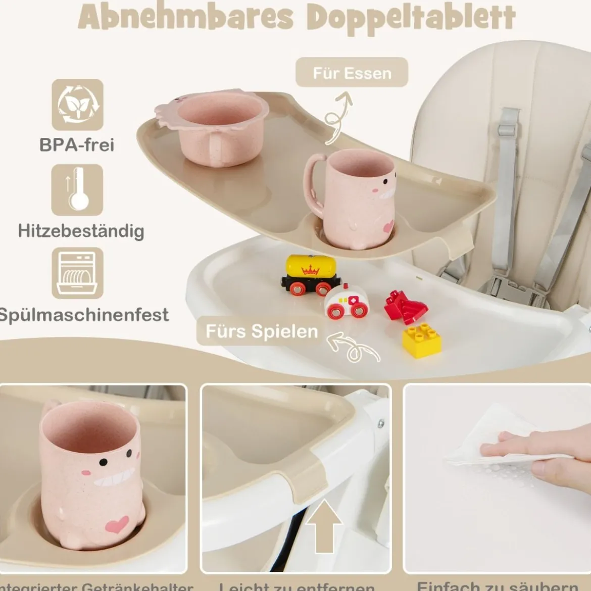 Klappbarer Hochstuhl mit Liegefunktion & Abnehmbarem Doppeltablett Beige