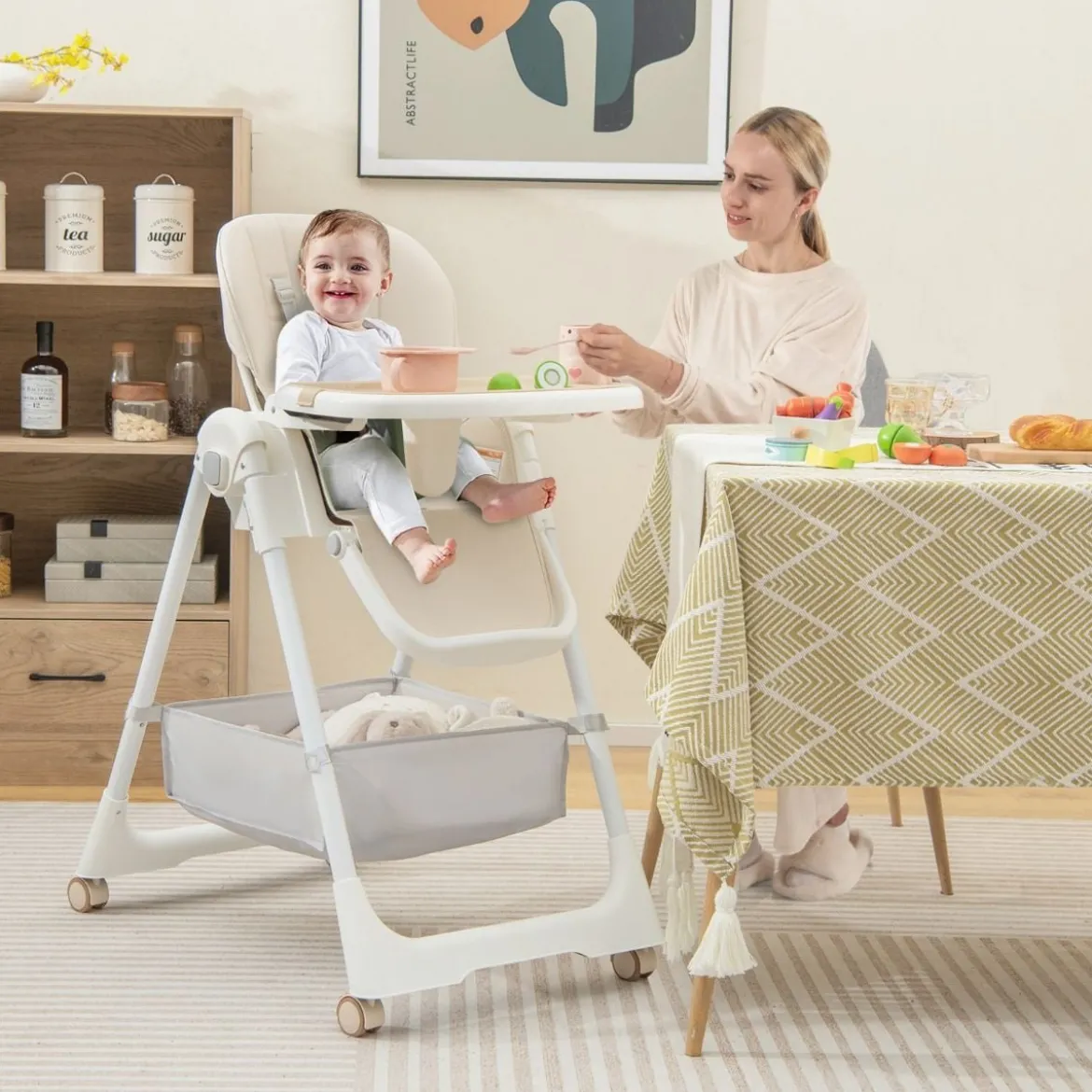 Klappbarer Hochstuhl mit Liegefunktion & Abnehmbarem Doppeltablett Beige