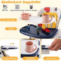 Klappbarer Hochstuhl mit Liegefunktion & Abnehmbarem Doppeltablett Dinosaurier