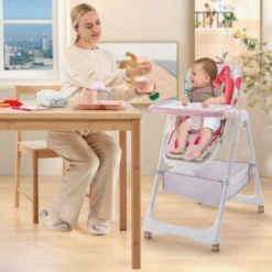 Klappbarer Hochstuhl mit Liegefunktion & Abnehmbarem Doppeltablett Erdbeere