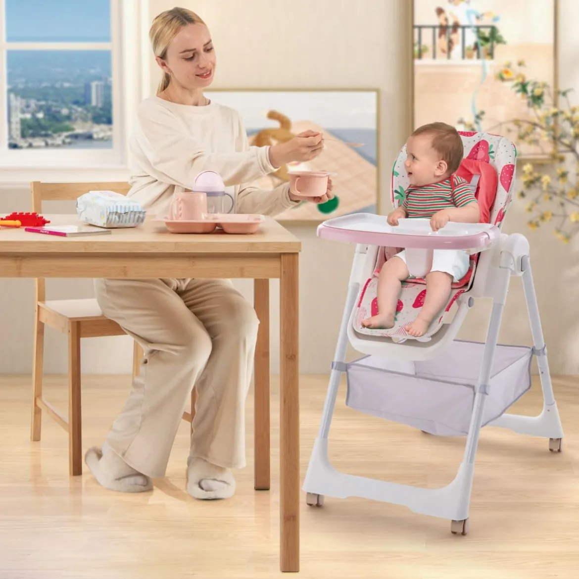 Klappbarer Hochstuhl mit Liegefunktion & Abnehmbarem Doppeltablett Erdbeere