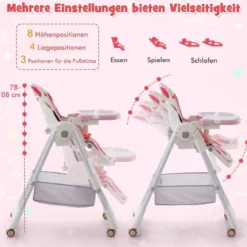 Klappbarer Hochstuhl mit Liegefunktion & Abnehmbarem Doppeltablett Erdbeere