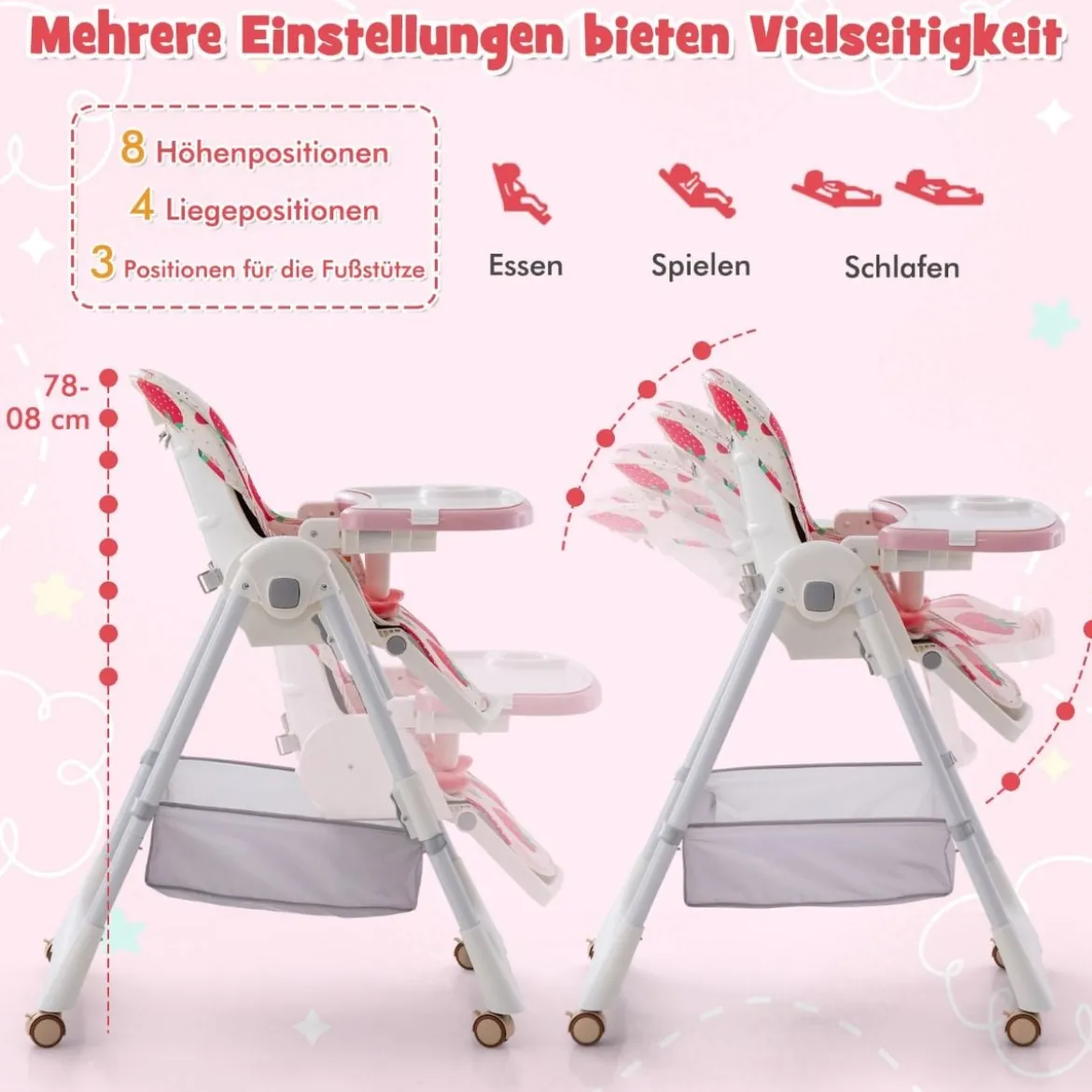 Klappbarer Hochstuhl mit Liegefunktion & Abnehmbarem Doppeltablett Erdbeere
