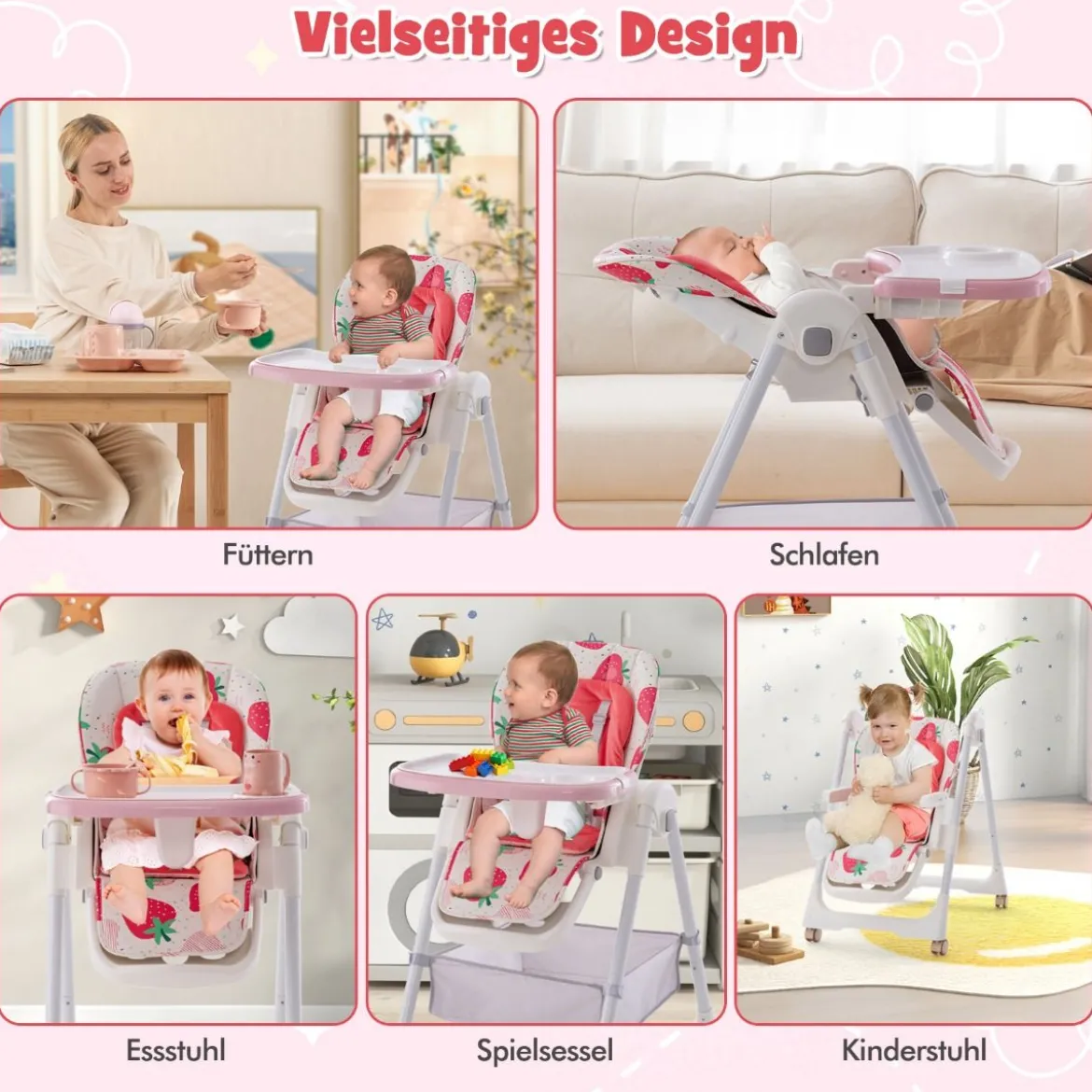 Klappbarer Hochstuhl mit Liegefunktion & Abnehmbarem Doppeltablett Erdbeere