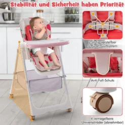 Klappbarer Hochstuhl mit Liegefunktion & Abnehmbarem Doppeltablett Erdbeere