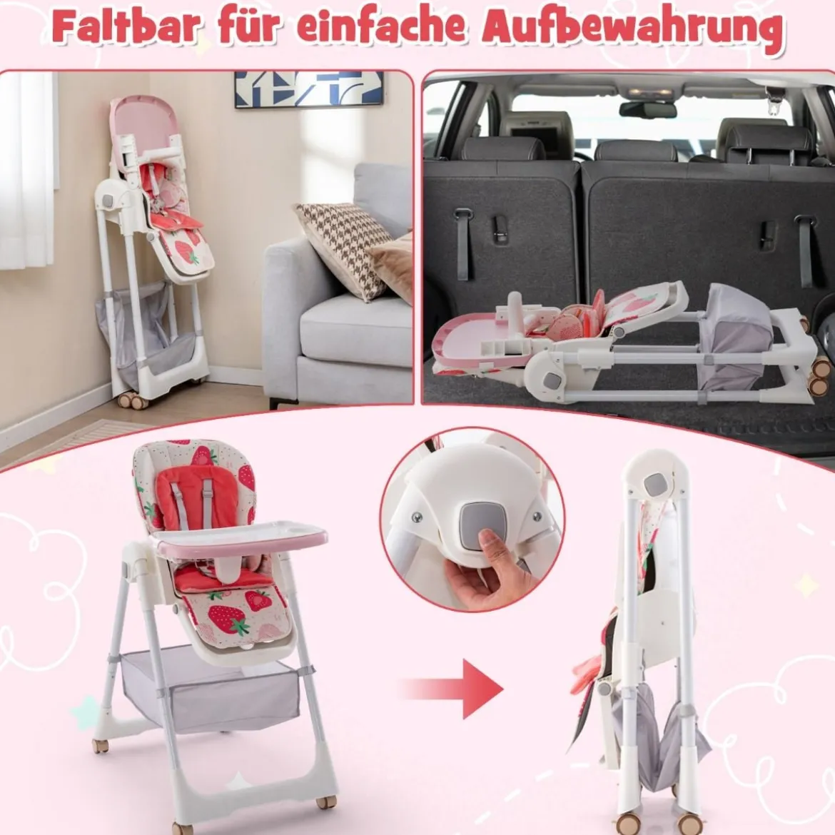 Klappbarer Hochstuhl mit Liegefunktion & Abnehmbarem Doppeltablett Erdbeere