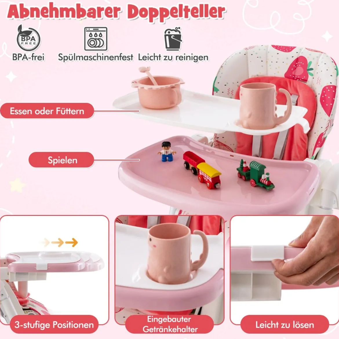 Klappbarer Hochstuhl mit Liegefunktion & Abnehmbarem Doppeltablett Erdbeere
