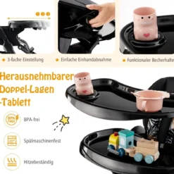 Klappbarer Hochstuhl mit Rädern & Verstellbarer Höhe & Fußstütze & Rückenlehne Babysitz Schwarz