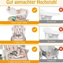 Klappbarer Hochstuhl mit Rädern & Verstellbarer Höhe & Fußstütze & Rückenlehne Babysitz Rosa