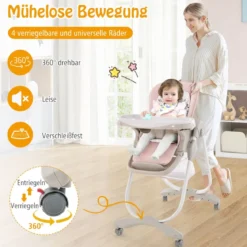Klappbarer Hochstuhl mit Rädern & Verstellbarer Höhe & Fußstütze & Rückenlehne Babysitz Rosa
