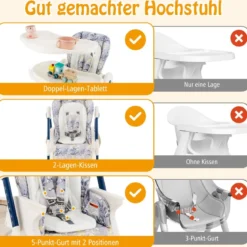 Klappbarer Hochstuhl mit Rädern & Verstellbarer Höhe & Fußstütze & Rückenlehne Babysitz Marineblau