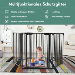 Klappbarer Kaminschutzgitter mit Sicherheitstür & Wandhalterung Metall Laufgitter Ofenschutzgitter