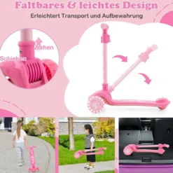 Klappbarer Kinder Roller mit PU LED Rädern & Hinterbremse Höhenverstellbarer Scooter Rosa