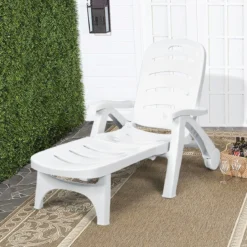 Klappbarer Liegestuhl mit eingebauten Rädern 5-fach verstellbare Gartenliege Weiß