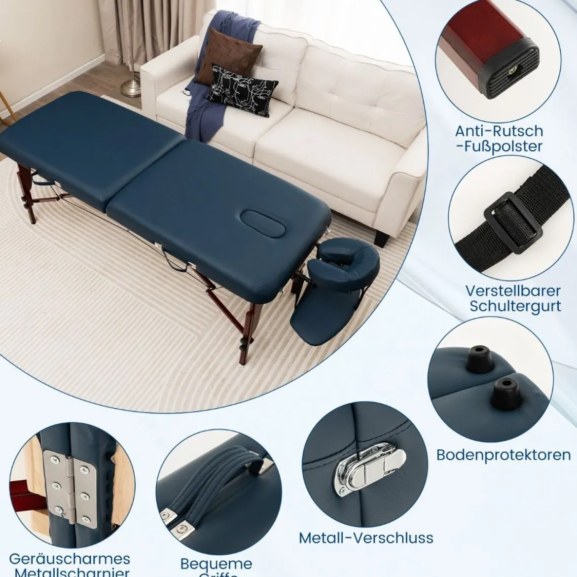 Klappbarer Massagetisch mit Tragekoffer 9-stufig verstellbares Massagebett 210 x 70 x 64,5–90 cm Marineblau
