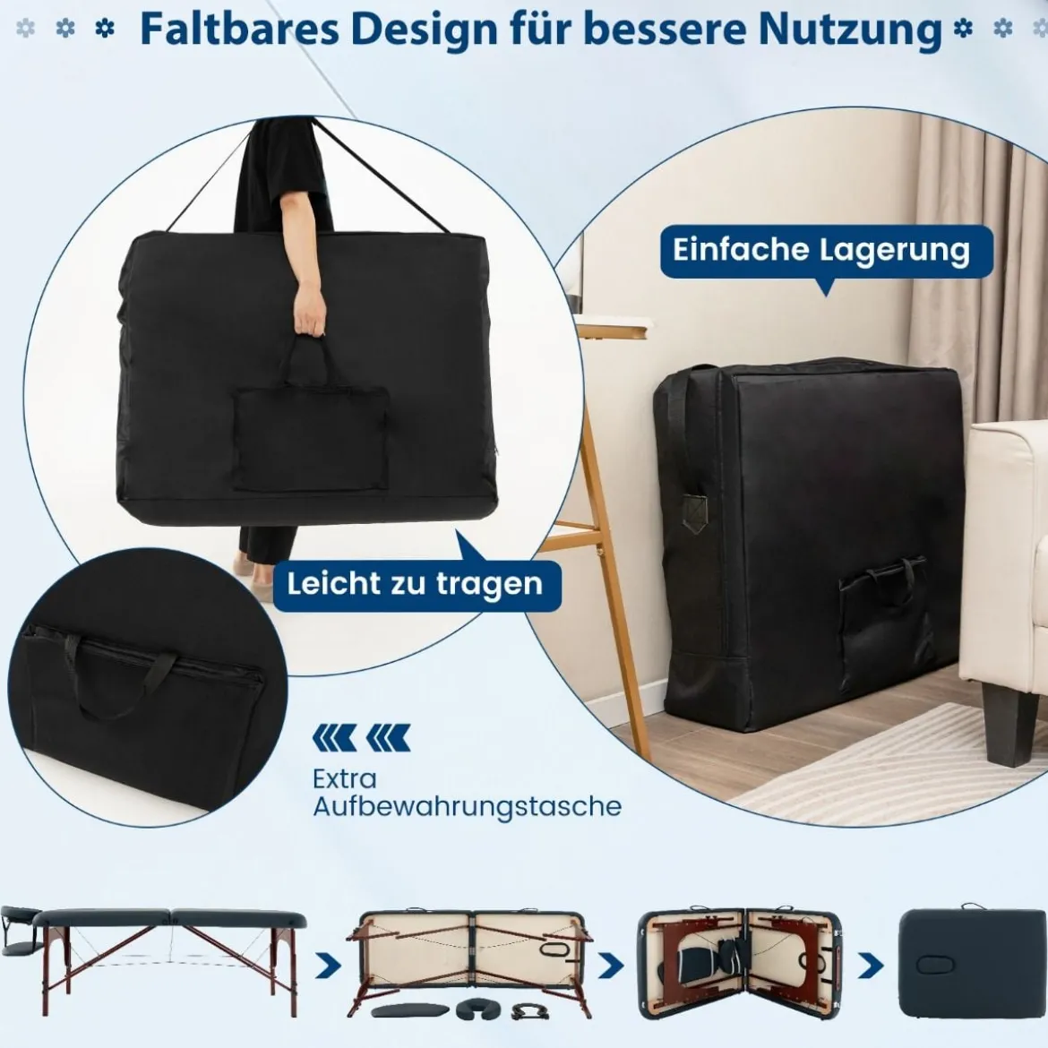 Klappbarer Massagetisch mit Tragekoffer 9-stufig verstellbares Massagebett 210 x 70 x 64,5–90 cm Marineblau