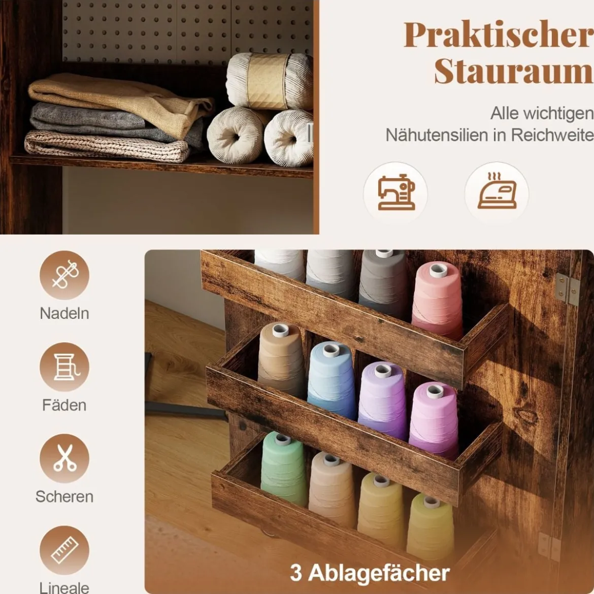 Klappbarer Nähtisch mit Ladestation klappbarer Bastelwagen mit Regal & Schubladen Walnuss