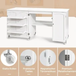 Klappbarer Nähtisch Nähschrank vielseitiger Basteltisch vielseitiger Basteltisch 158 x 50 x 75 cm Weiß