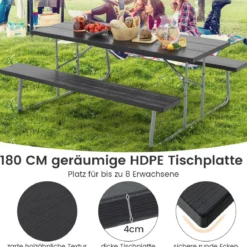 Klappbarer Picknicktisch mit 2 Bänken 183 cm Campingtisch-Set mit Metallrahmen