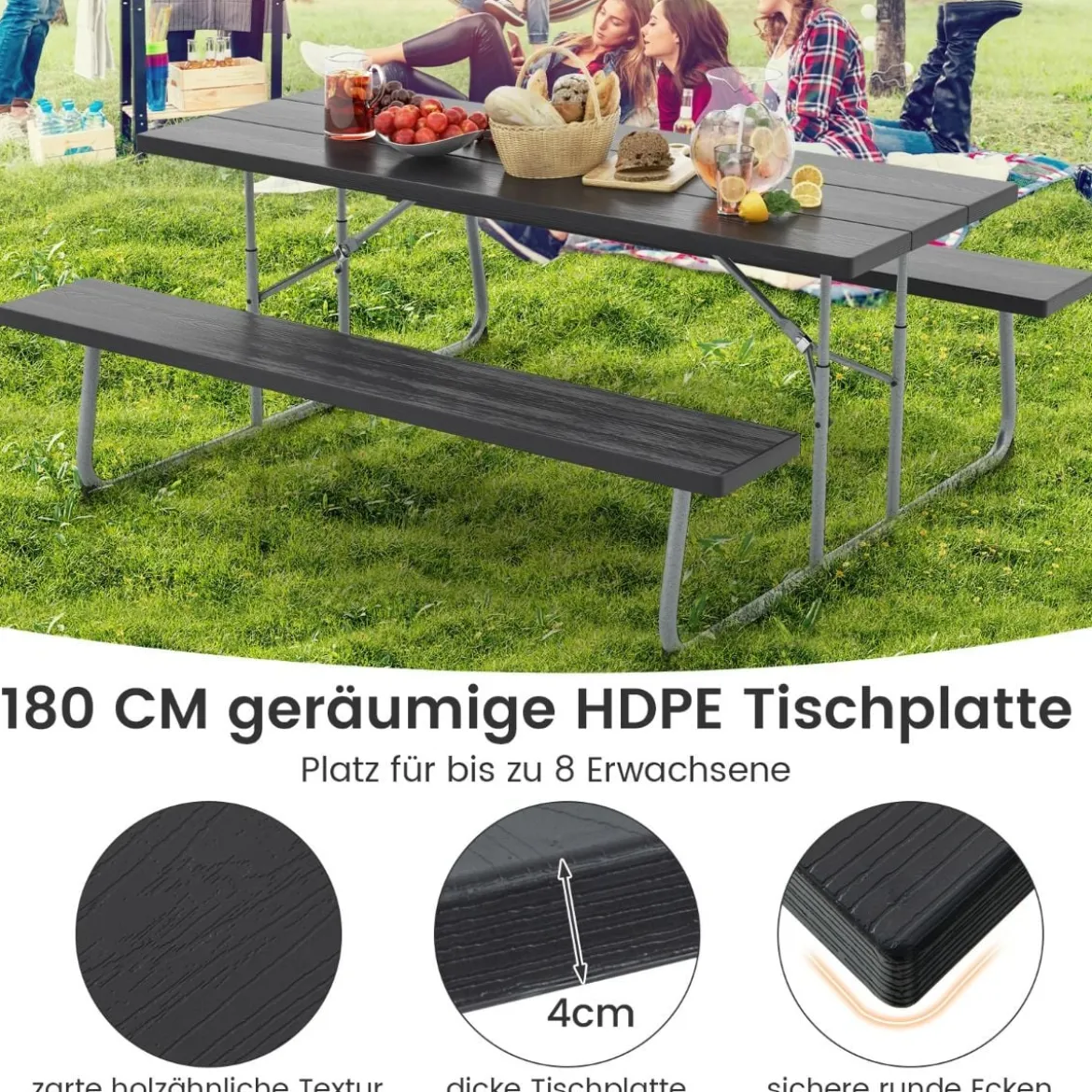 Klappbarer Picknicktisch mit 2 Bänken 183 cm Campingtisch-Set mit Metallrahmen