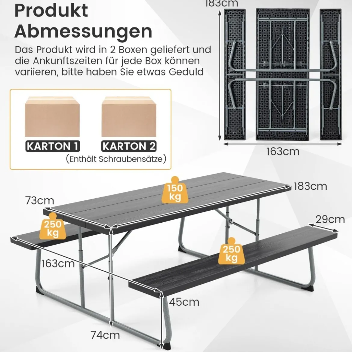 Klappbarer Picknicktisch mit 2 Bänken 183 cm Campingtisch-Set mit Metallrahmen