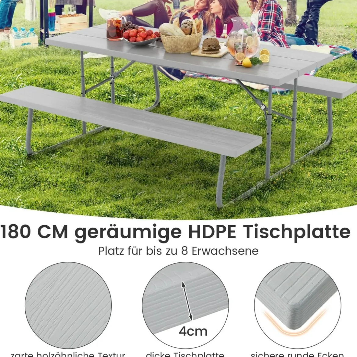 Klappbarer Picknicktisch mit 2 Bänken 183 cm Campingtisch-Set mit Metallrahmen