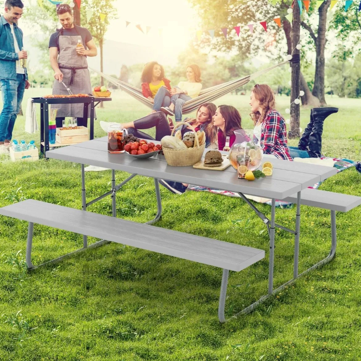 Klappbarer Picknicktisch mit 2 Bänken 183 cm Campingtisch-Set mit Metallrahmen