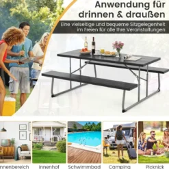 Klappbarer Picknicktisch mit 2 Bänken 183 cm Campingtisch-Set mit Metallrahmen