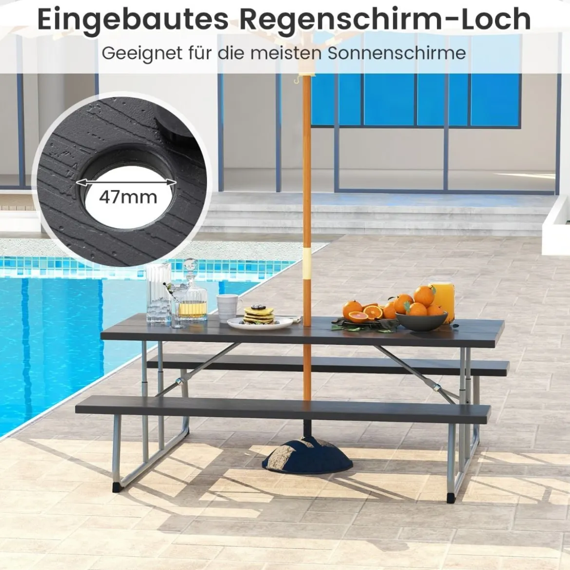 Klappbarer Picknicktisch mit 2 Bänken 183 cm Campingtisch-Set mit Metallrahmen