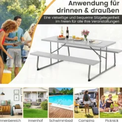 Klappbarer Picknicktisch mit 2 Bänken 183 cm Campingtisch-Set mit Metallrahmen