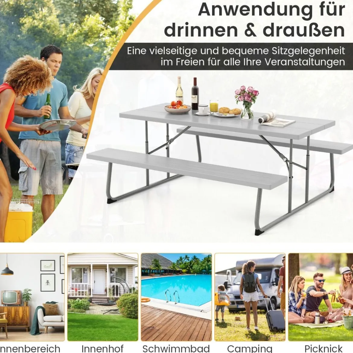 Klappbarer Picknicktisch mit 2 Bänken 183 cm Campingtisch-Set mit Metallrahmen