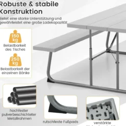 Klappbarer Picknicktisch mit 2 Bänken 183 cm Campingtisch-Set mit Metallrahmen