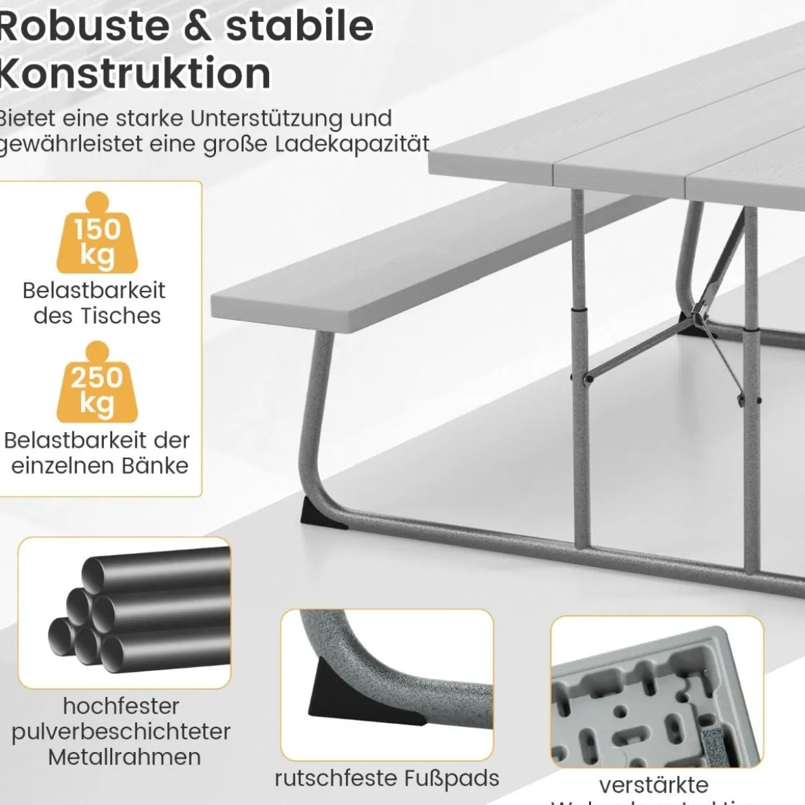 Klappbarer Picknicktisch mit 2 Bänken 183 cm Campingtisch-Set mit Metallrahmen