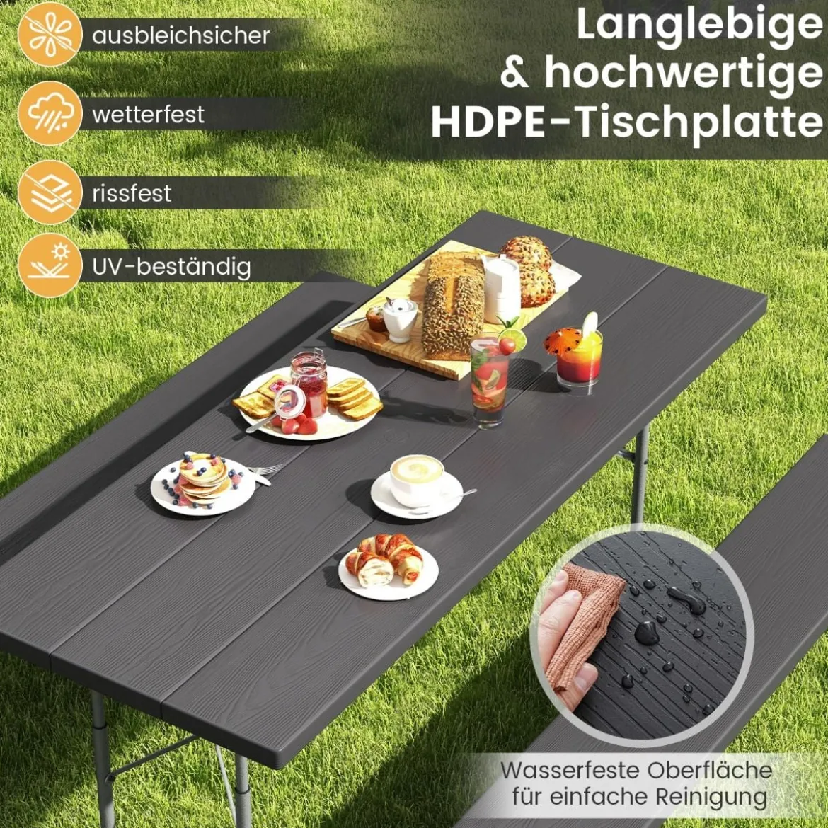Klappbarer Picknicktisch mit 2 Bänken 183 cm Campingtisch-Set mit Metallrahmen