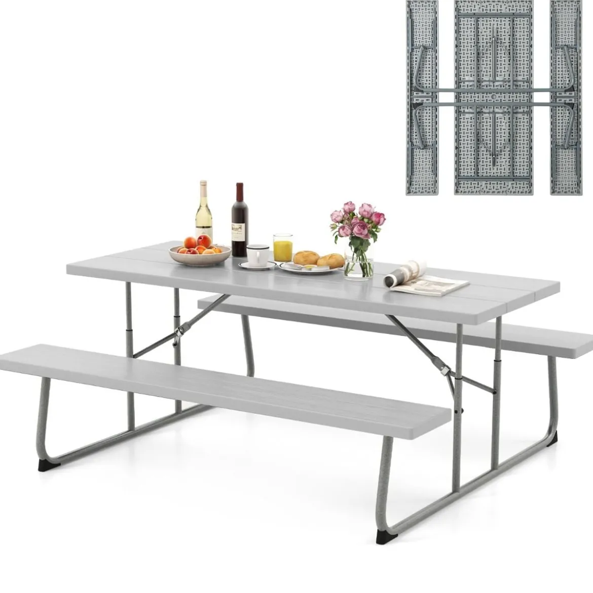 Klappbarer Picknicktisch mit 2 Bänken 183 cm Campingtisch-Set mit Metallrahmen