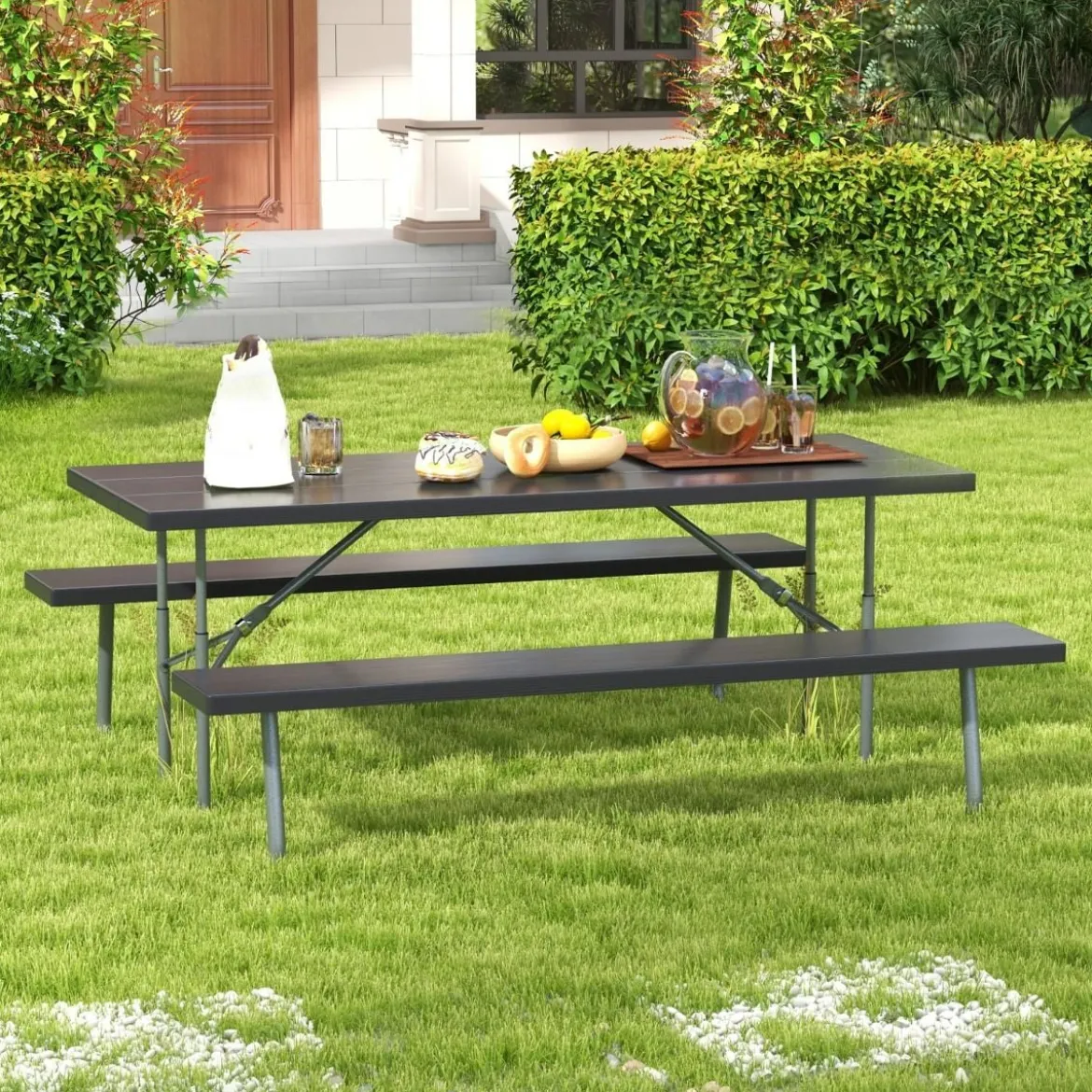 Klappbarer Picknicktisch mit 2 Bänken 183 cm Campingtisch-Set mit Metallrahmen