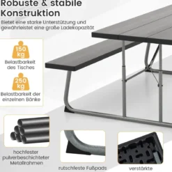 Klappbarer Picknicktisch mit 2 Bänken 183 cm Campingtisch-Set mit Metallrahmen