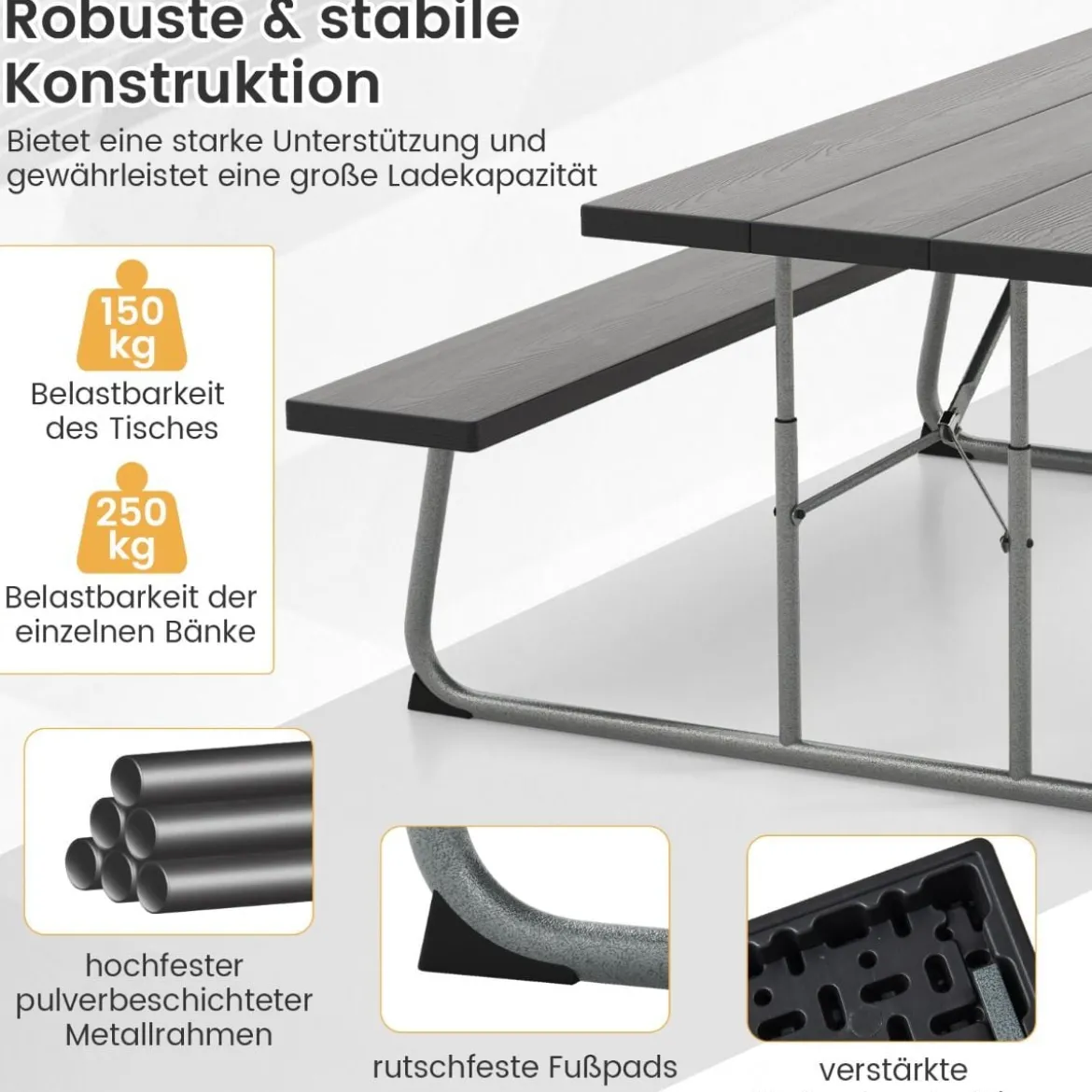 Klappbarer Picknicktisch mit 2 Bänken 183 cm Campingtisch-Set mit Metallrahmen