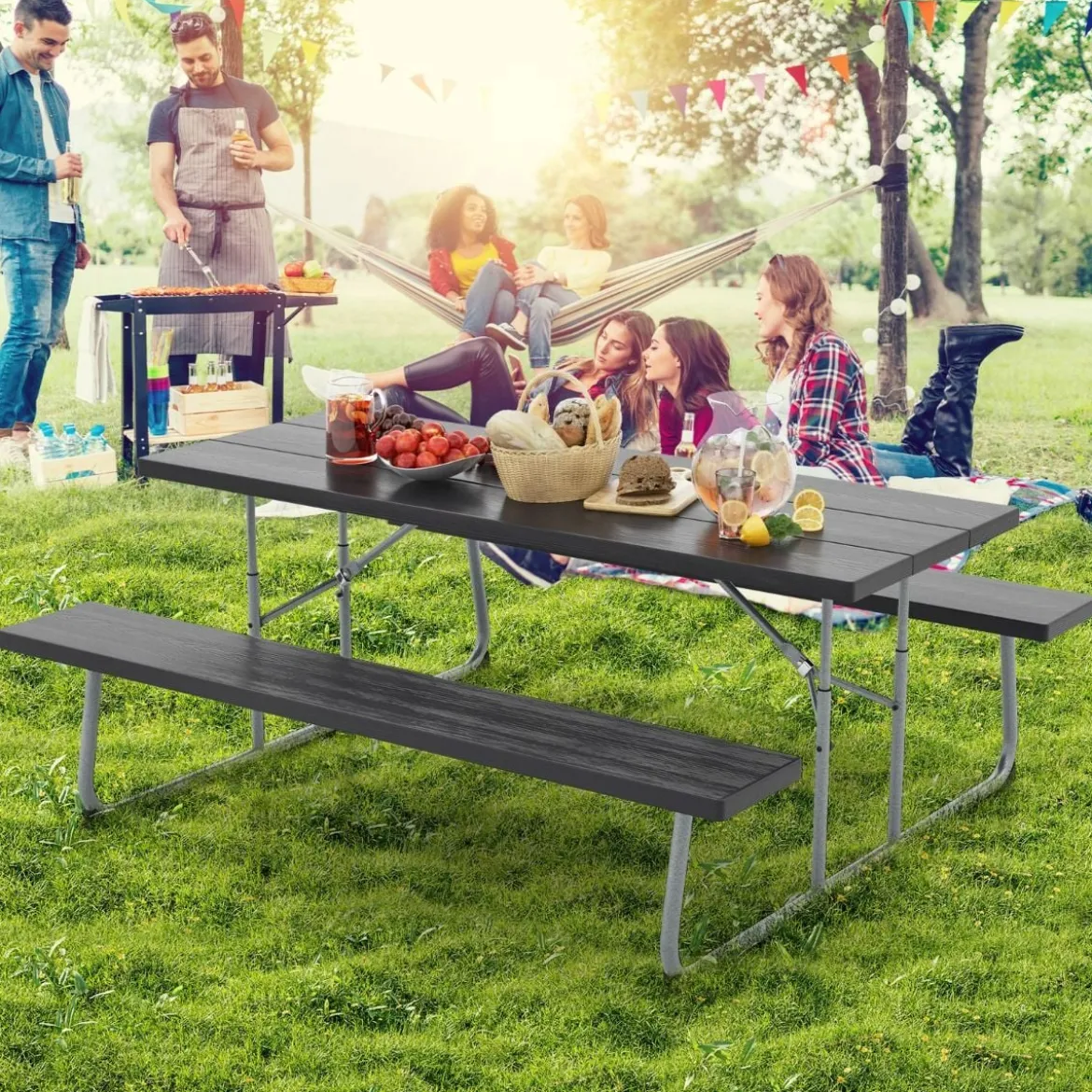 Klappbarer Picknicktisch mit 2 Bänken 183 cm Campingtisch-Set mit Metallrahmen