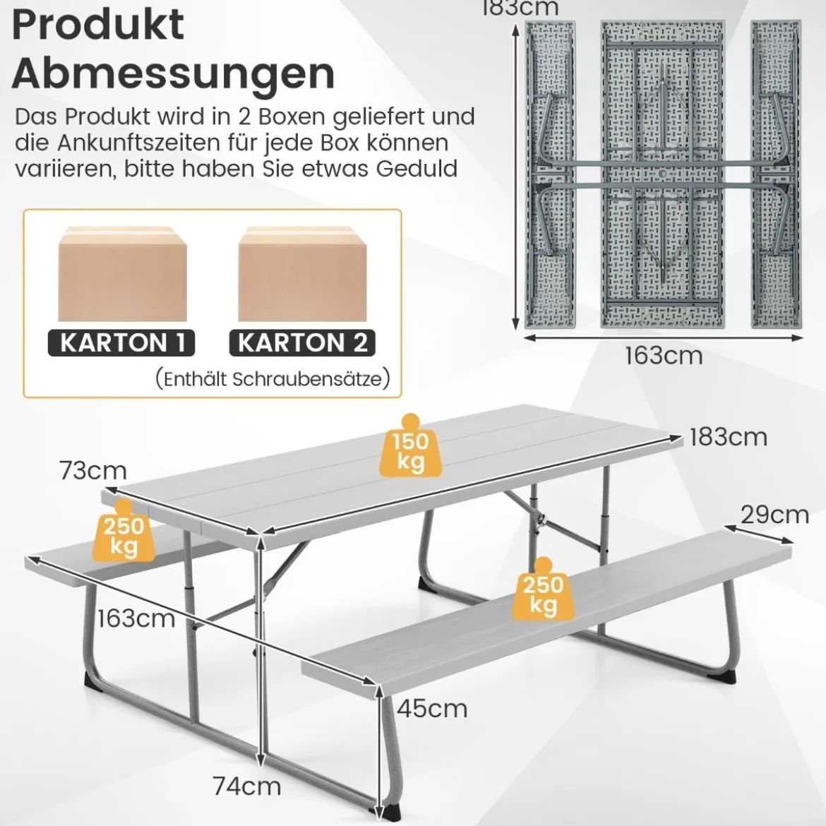 Klappbarer Picknicktisch mit 2 Bänken 183 cm Campingtisch-Set mit Metallrahmen