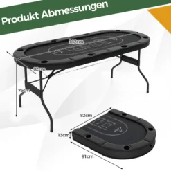 Klappbarer Pokertisch für 8 Spieler Spieltisch mit Getränkehaltern & Gepolsterter Armauflage Schwarz