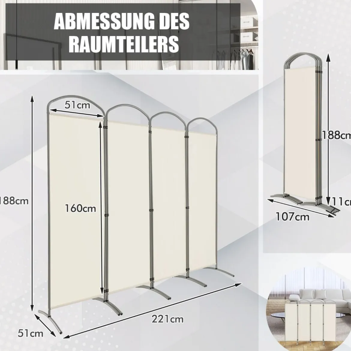 Klappbarer Raumteiler mit 4 Paneelen Trennwand für Zuhause 221 x 51 x 188 cm