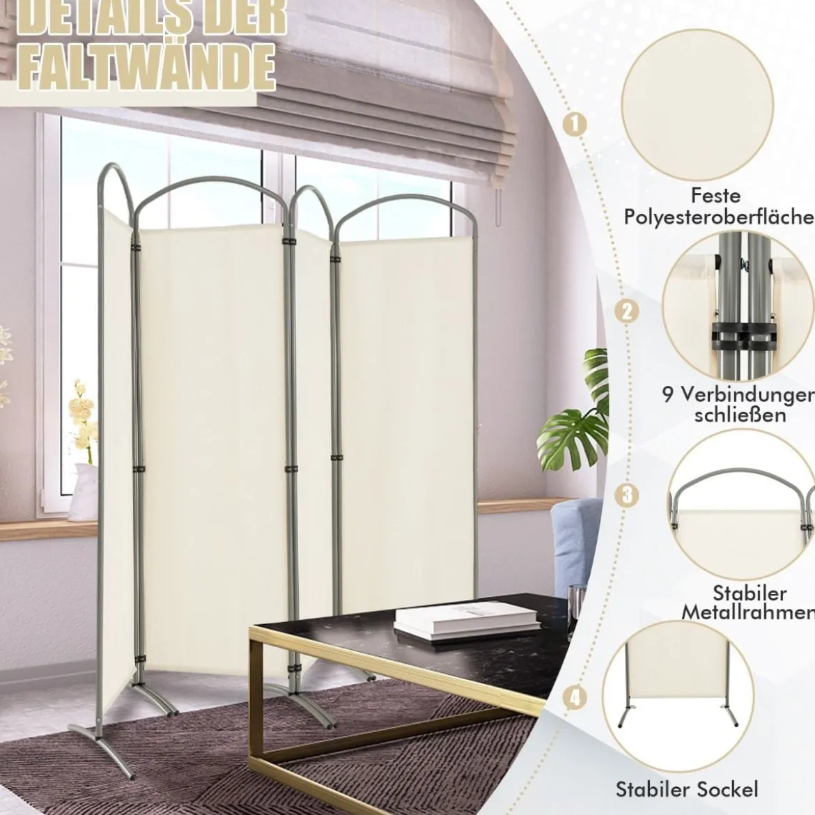Klappbarer Raumteiler mit 4 Paneelen Trennwand für Zuhause 221 x 51 x 188 cm